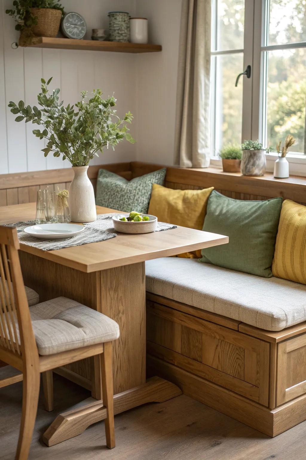 Maximize your kitchen corner with a stylish built-in banquette. #SpaceSaver #KitchenNook