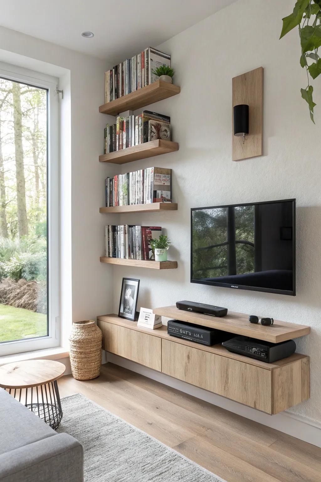 Maximize vertical space with chic wall-mounted shelves that keep your DVDs beautifully displayed.