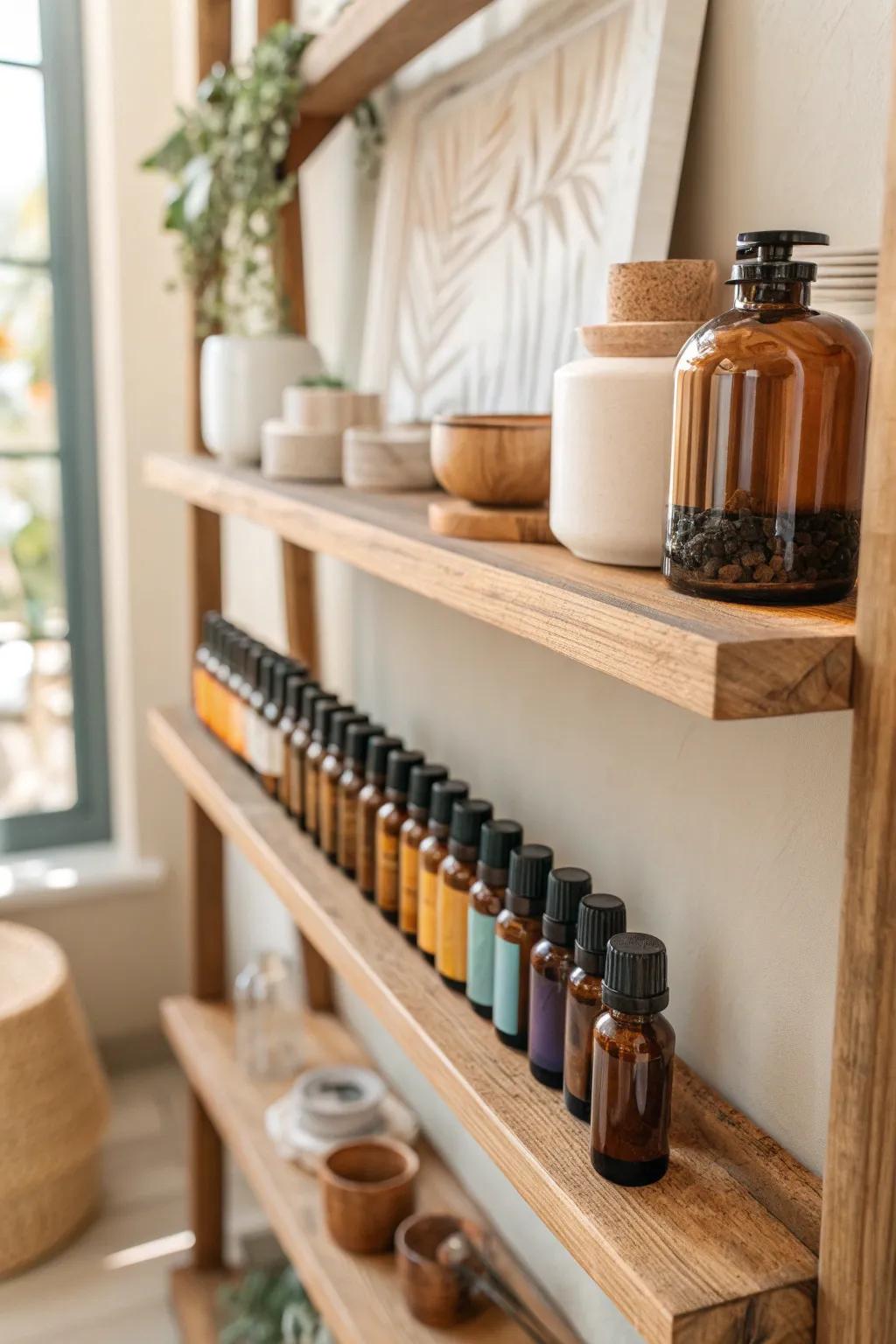 Rustic charm meets practicality with wooden shelves for your essential oils.