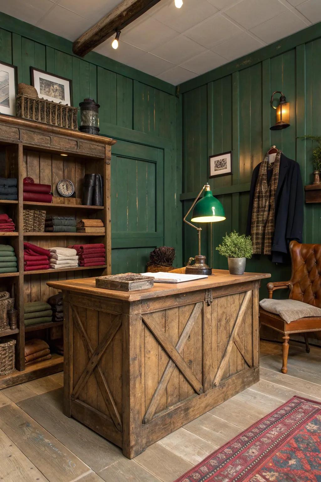 Rustic wood elements create a warm and inviting farm office atmosphere.