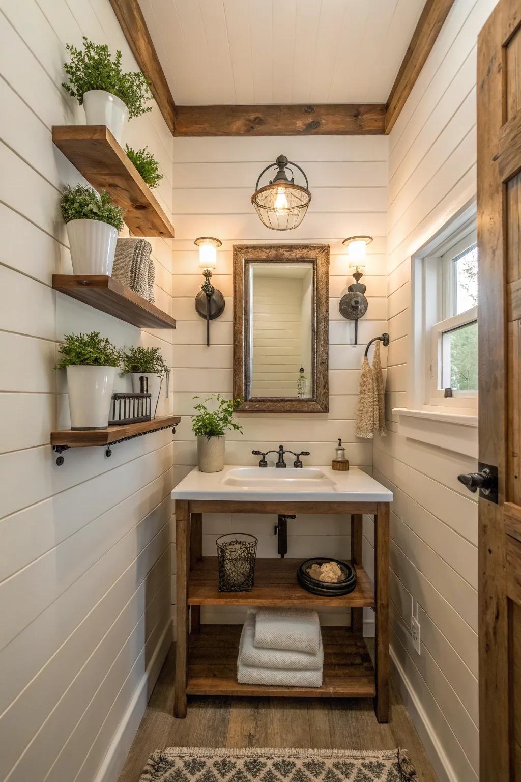 Shiplap walls bring depth and warmth to this inviting farmhouse half bath.