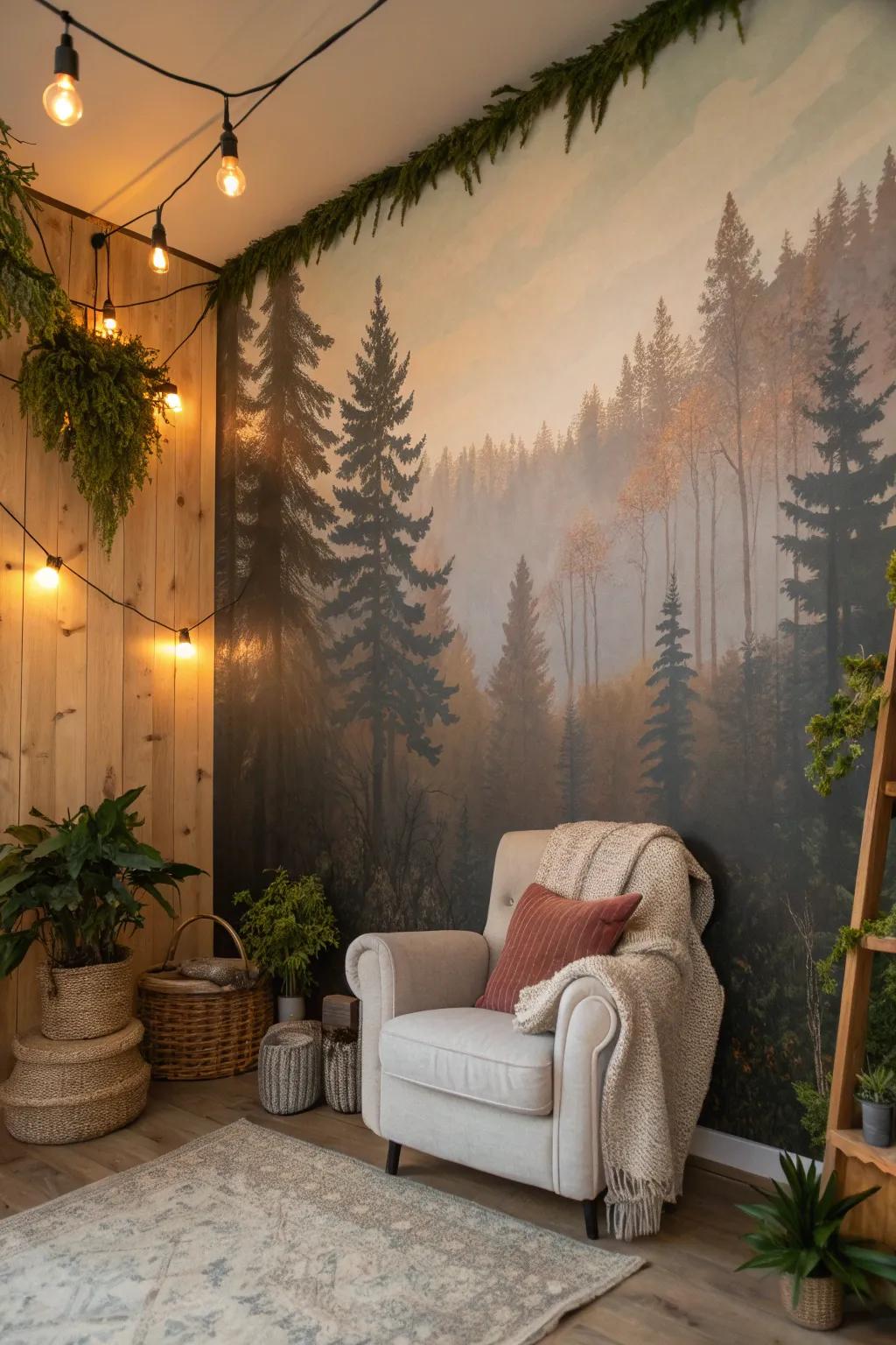 A stunning forest mural can be the perfect focal point for any room, bringing the outdoors in.