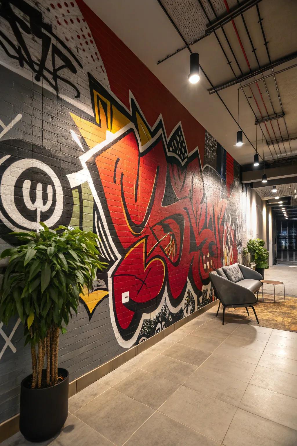 A full-wall graffiti mural turns any space into an urban masterpiece.