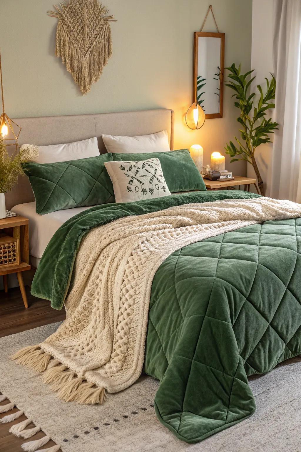 Layered textures invite you to snuggle up and enjoy a moment of peace in your bedroom.