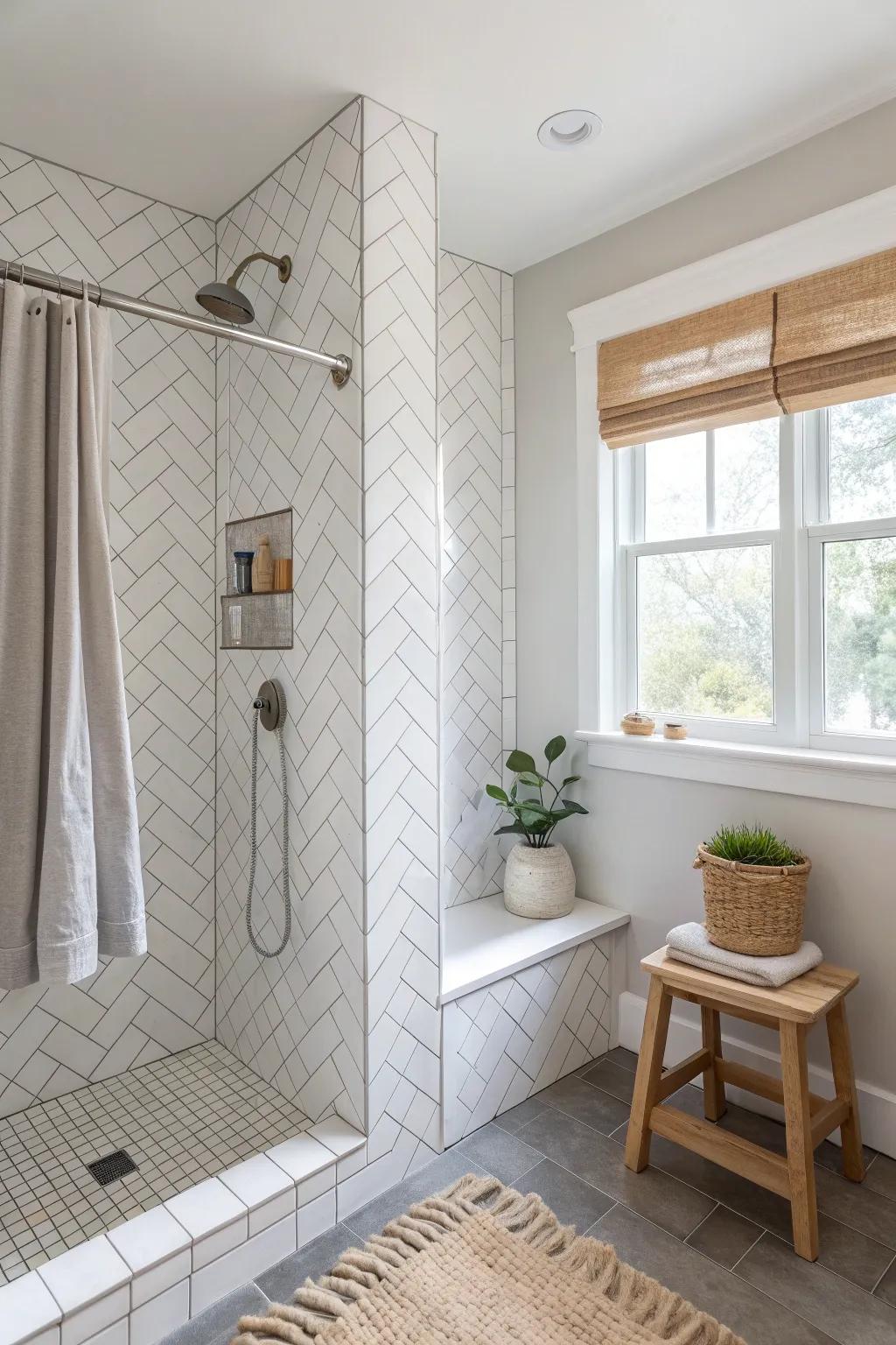 Embrace the timeless beauty of classic white herringbone tiles, perfect for any bathroom setting.