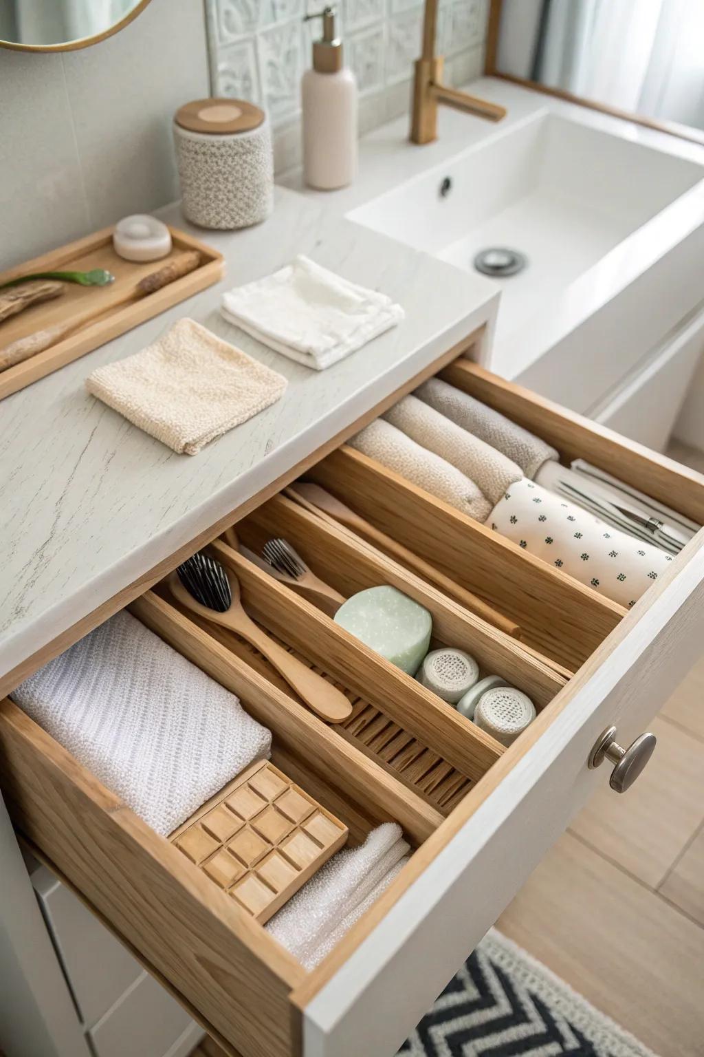 Custom drawer dividers keep your toothbrushes hidden and your bathroom tidy.
