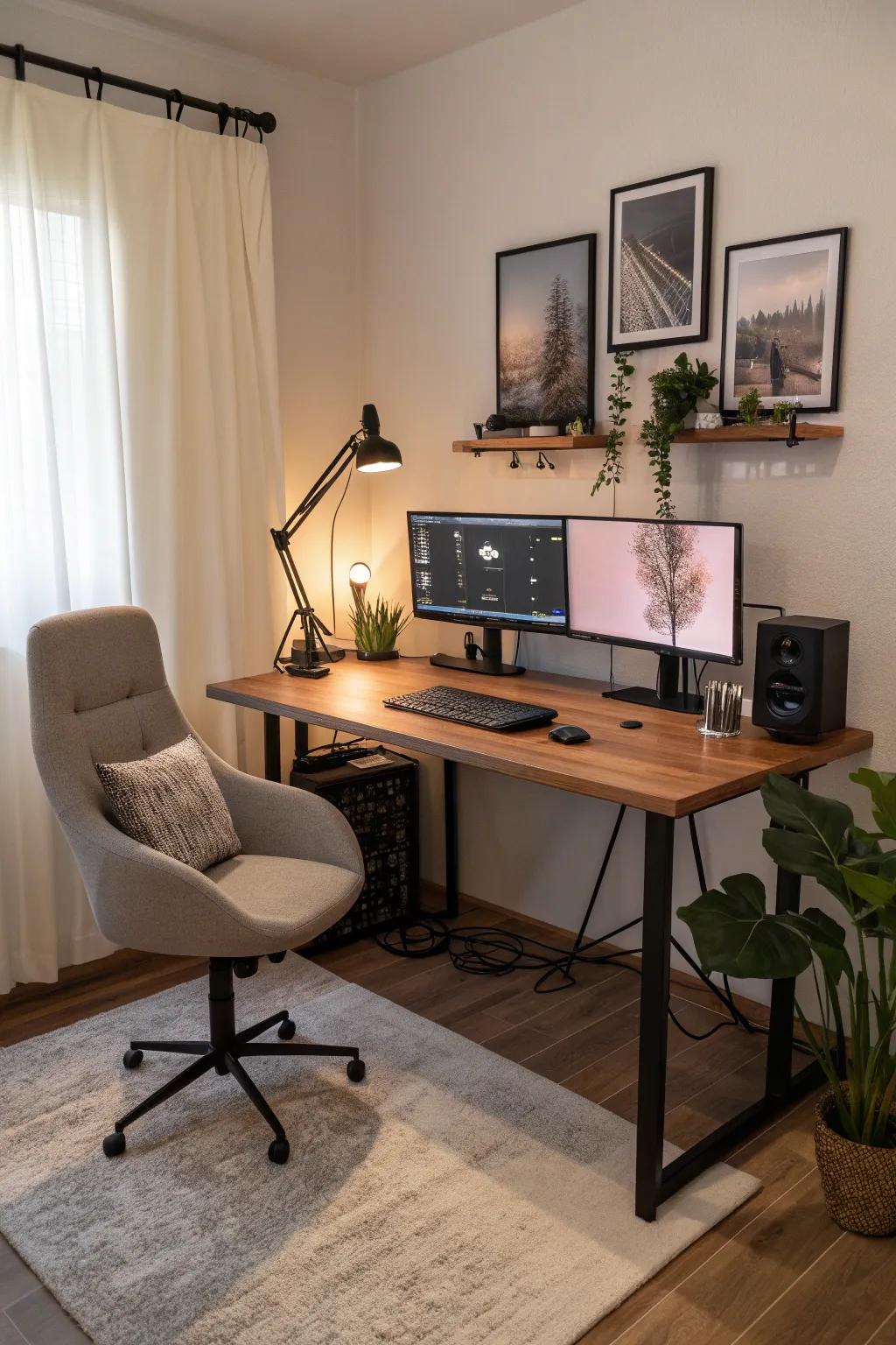 Double your productivity with a dual monitor setup that keeps everything within reach.