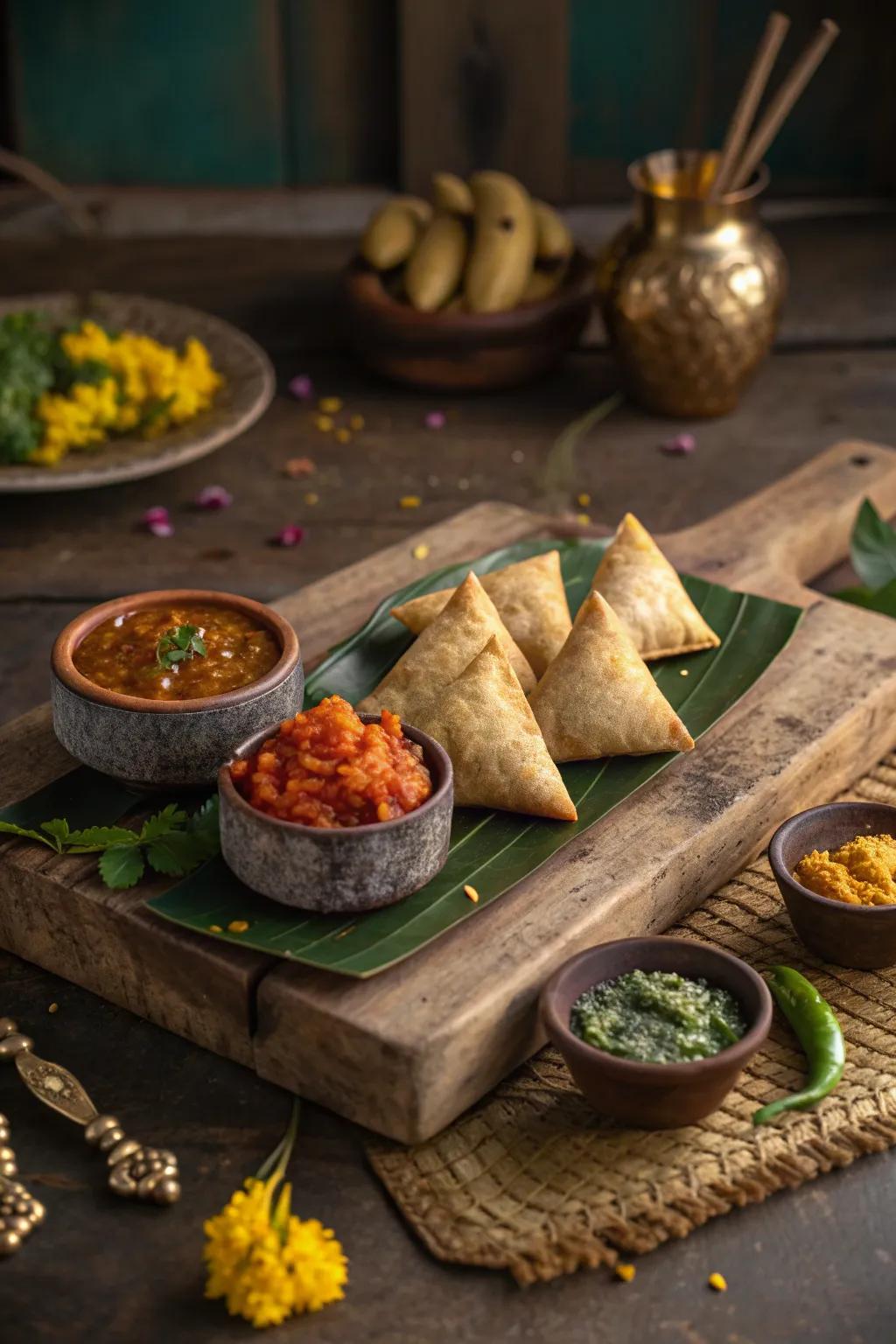 Kick off your Indian charcuterie board with spicy mini samosas that are both cute and flavorful.