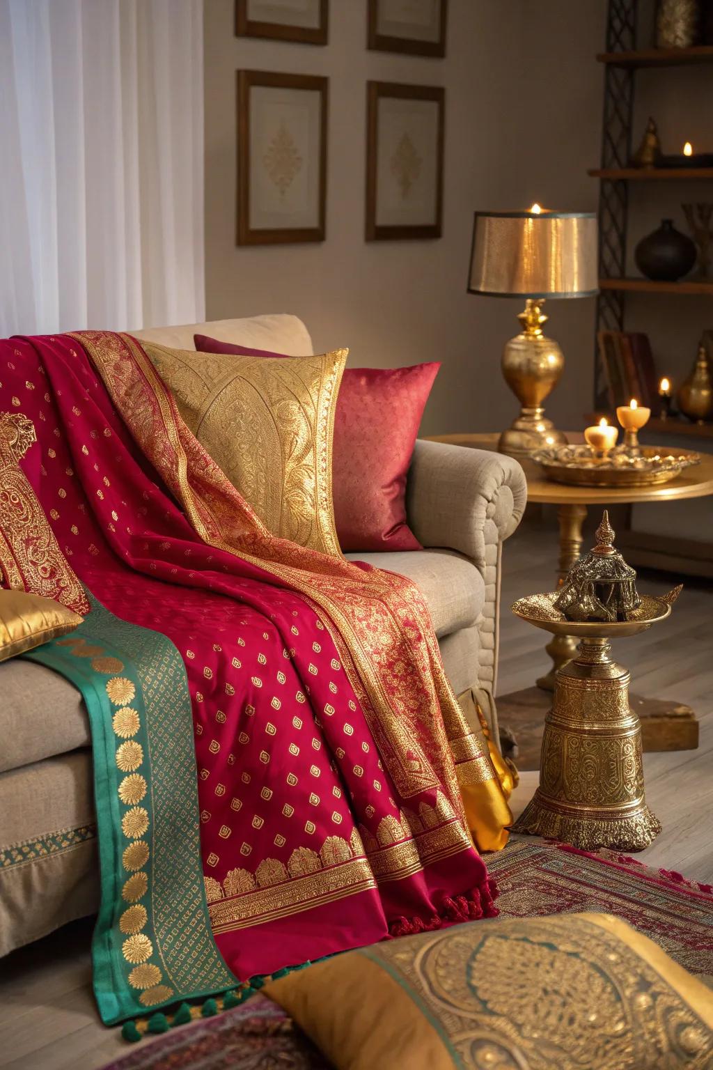Layer vibrant Indian textiles to create a cozy and eclectic vibe in your living room.
