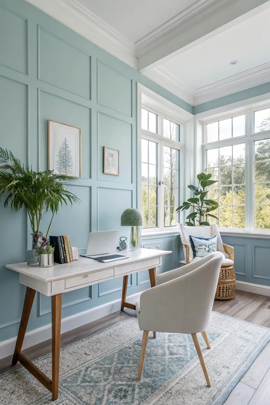Let light blue walls transform your office into a peaceful haven.