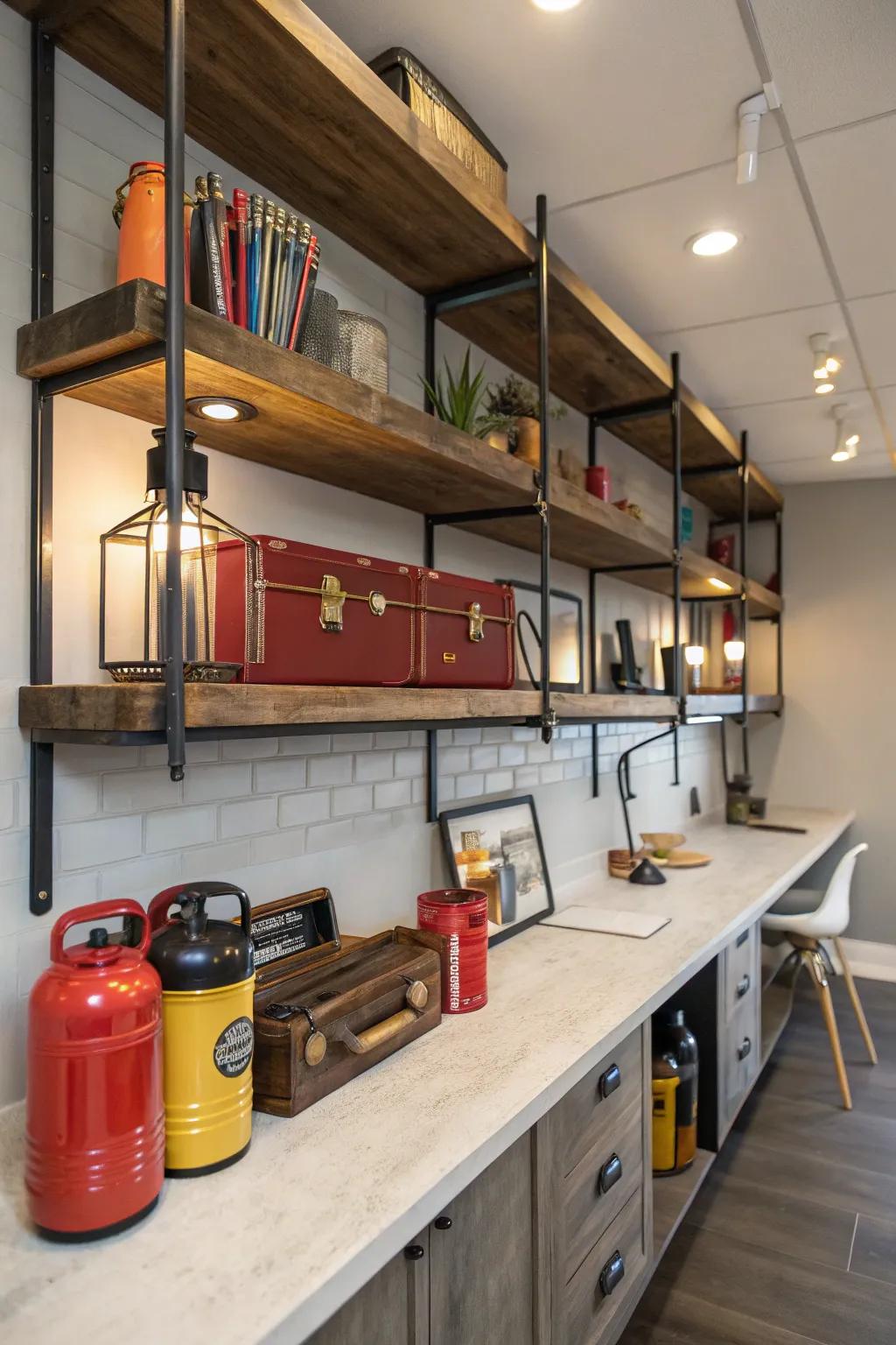 Elevate your storage game with floating steel shelves that keep your space sleek and functional.
