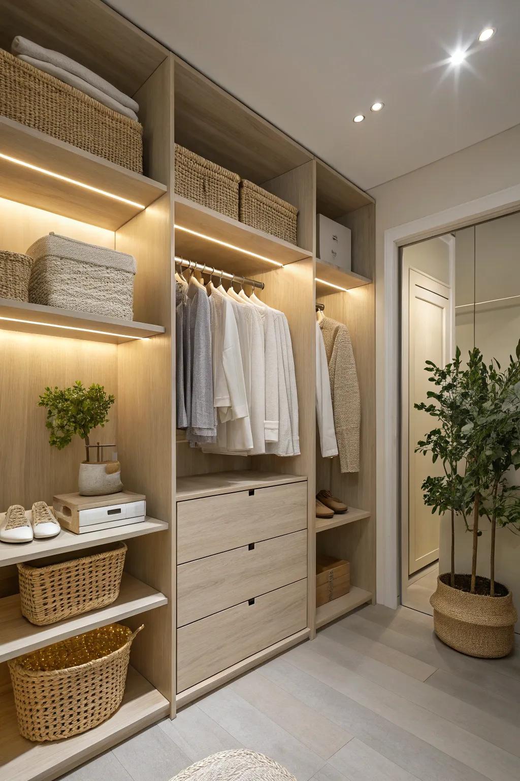 Soft neutrals create a peaceful and inviting closet atmosphere.