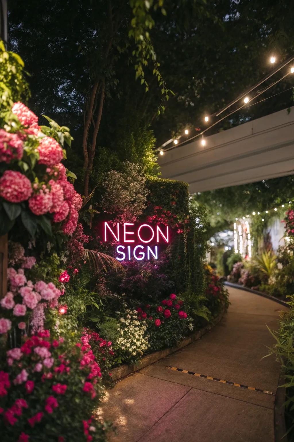 A neon sign peeks through a cascade of colorful florals, creating a dreamy ambiance.