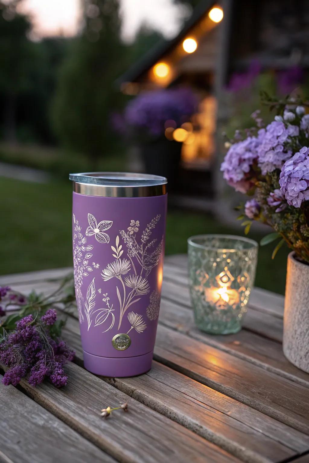 Floral elegance meets practicality with this beautifully designed purple tumbler.