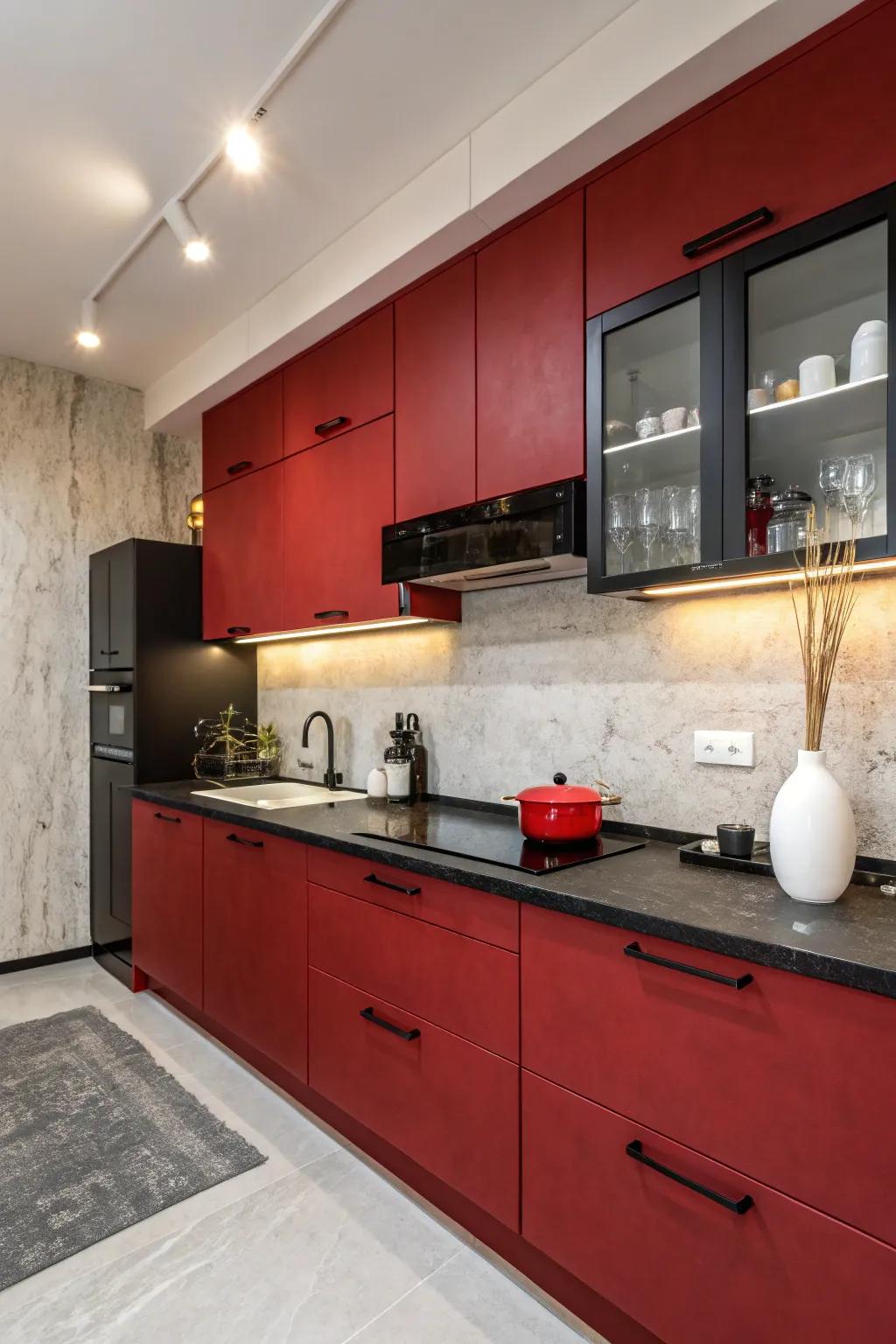 Make your kitchen pop with bold red cabinetry against sleek black and white elements. This vibrant choice adds both energy and elegance.