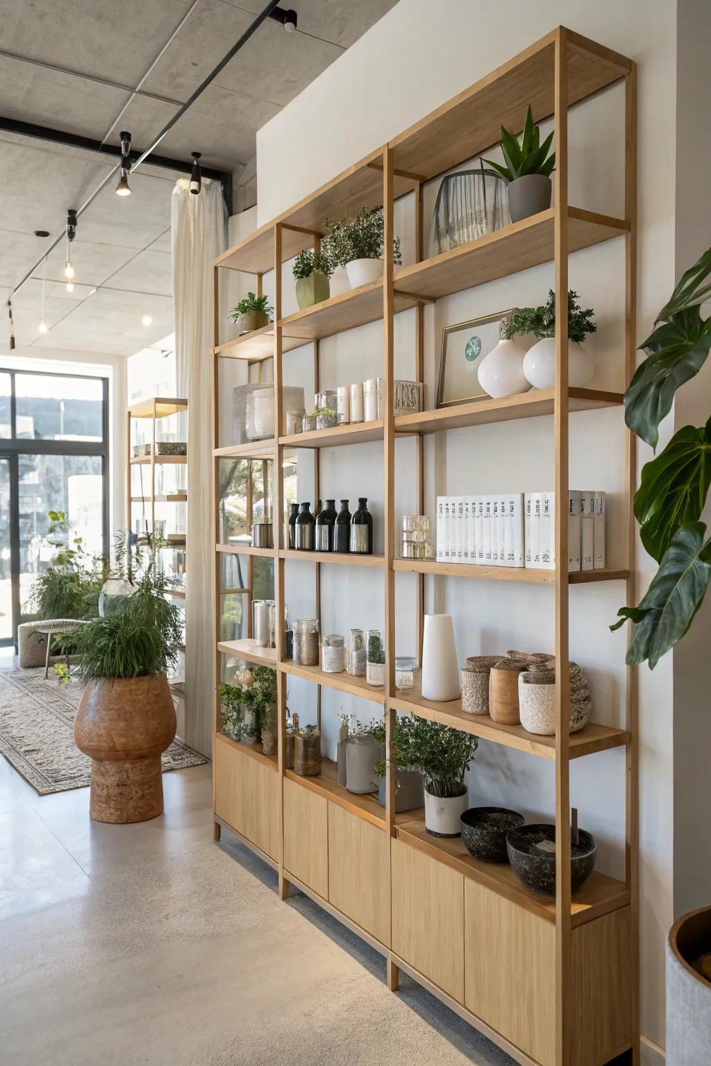 Blend style and practicality with open shelving partitions to maintain an open feel.