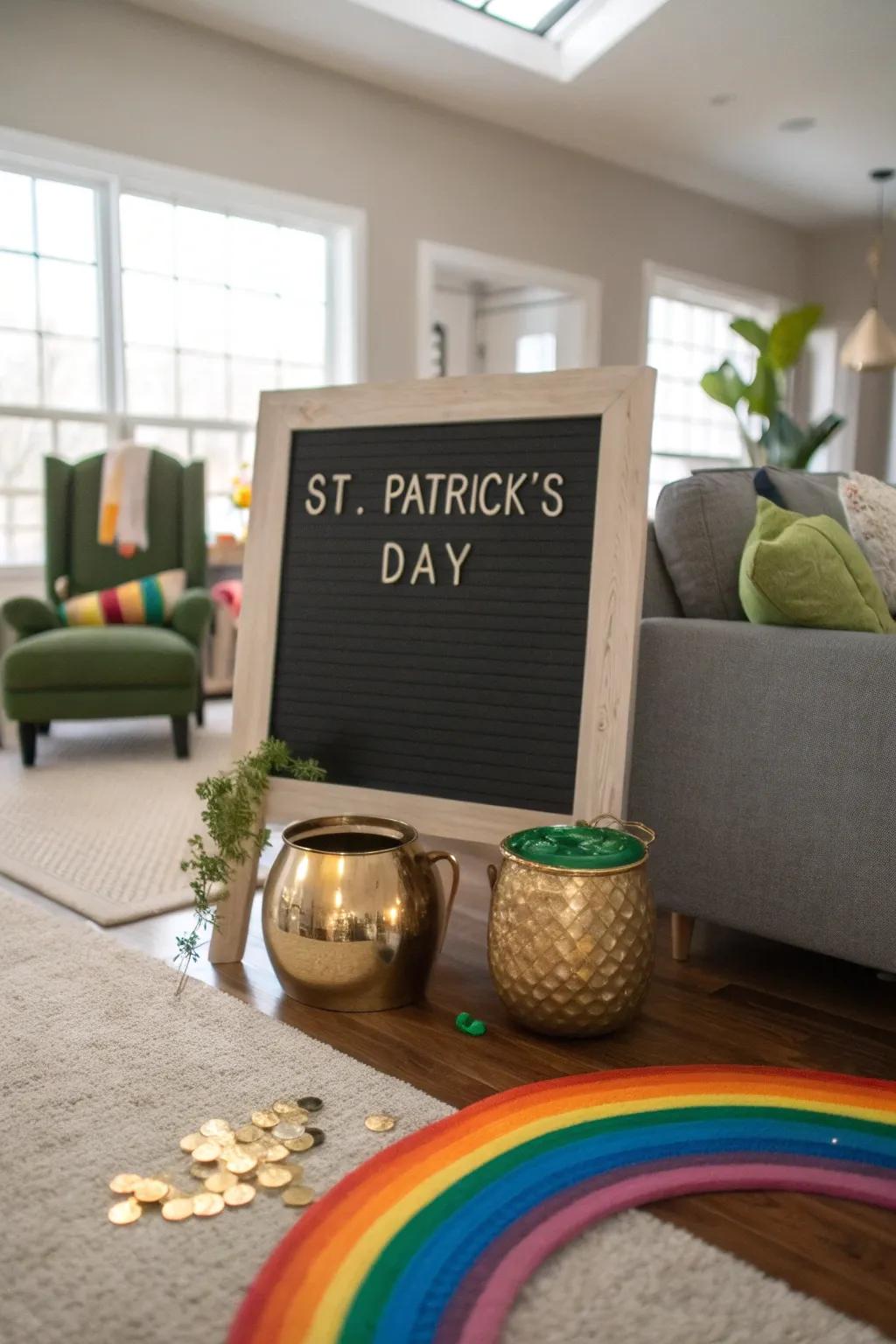 Chase the rainbow to find a pot of gold on your St. Patrick's Day chalkboard! 🌈✨ #LuckOfTheIrish #RainbowDecor