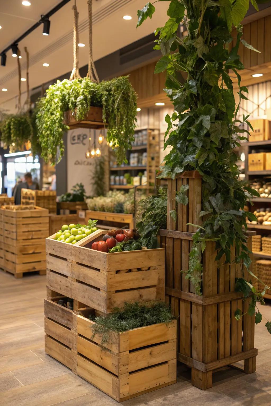 Welcome customers with the organic charm of wooden crates and lush greenery at your store entry.