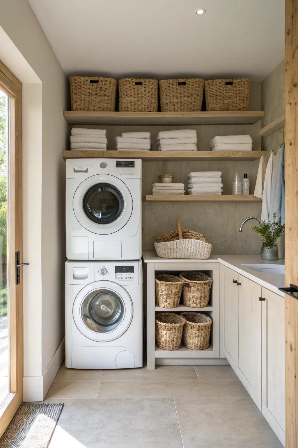 Maximize your utility room space by stacking your washer and dryer for a sleek and efficient layout. #LaundryRoom #SpaceSaving