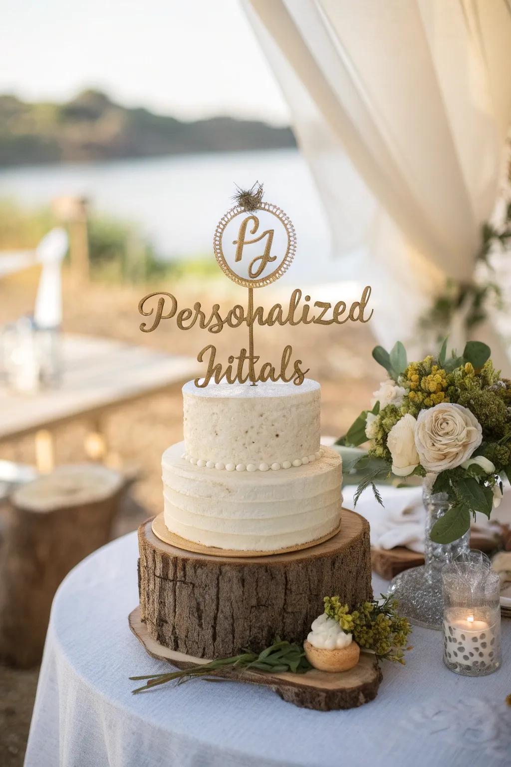 Add a personal touch to your wedding cake with elegant initials for a uniquely yours celebration.