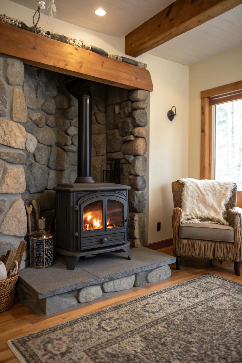 Stone surrounds bring timeless elegance to your wood stove alcove, blending rustic charm with modern comfort.