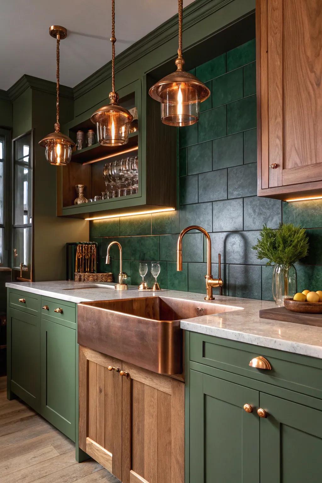 Copper accents bring a touch of luxury to your green and wood kitchen.