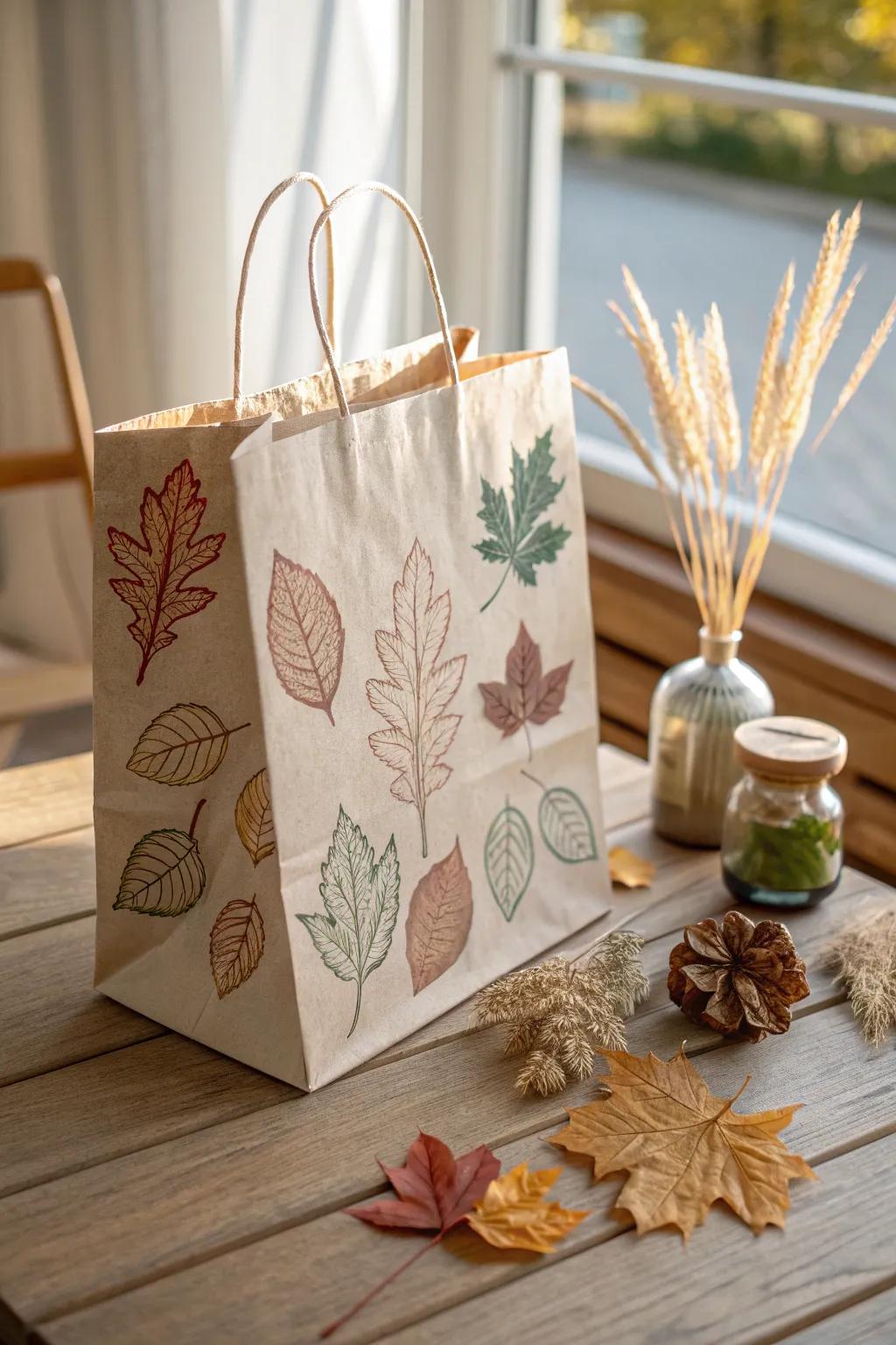 Celebrate the beauty of nature with these leaf-stamped bags, ideal for autumn events.