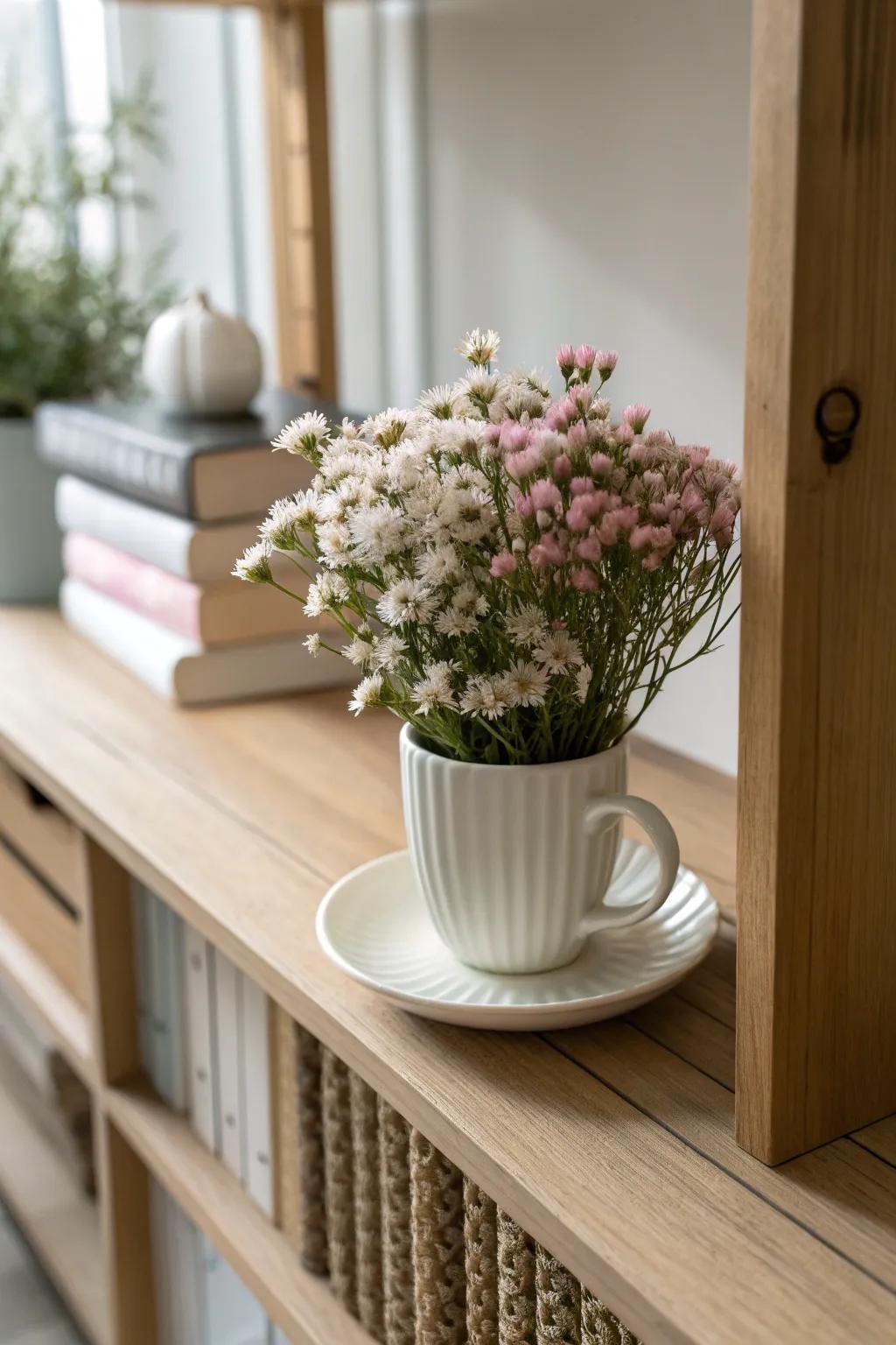 Teacups as vases bring a quirky charm to your home, perfect for adding personality to any nook. ☕🌺 #QuirkyDecor #CreativeSpaces