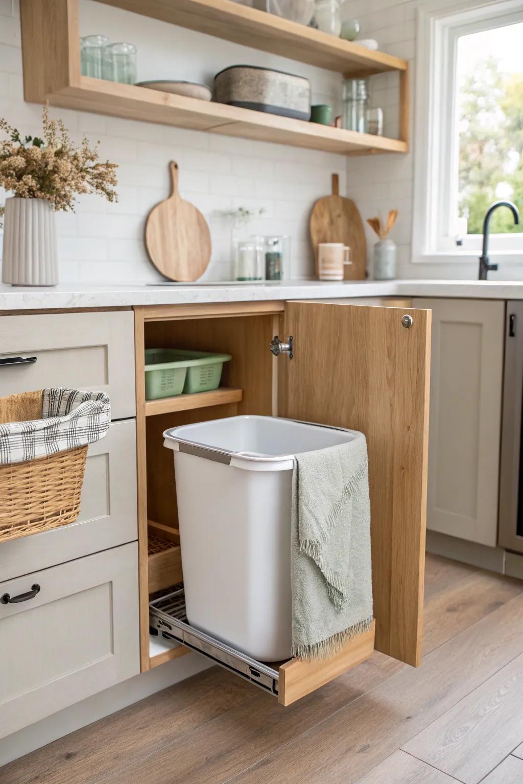 Mounting your trash can on a cabinet door saves space and keeps your kitchen tidy.