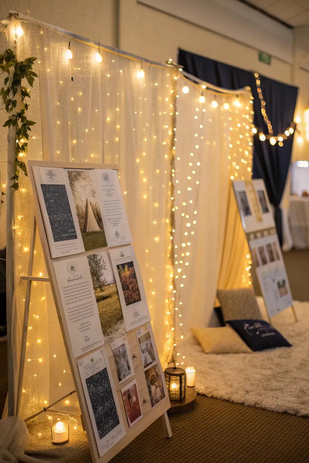 Create a magical atmosphere with fairy lights as a backdrop for your poster displays.