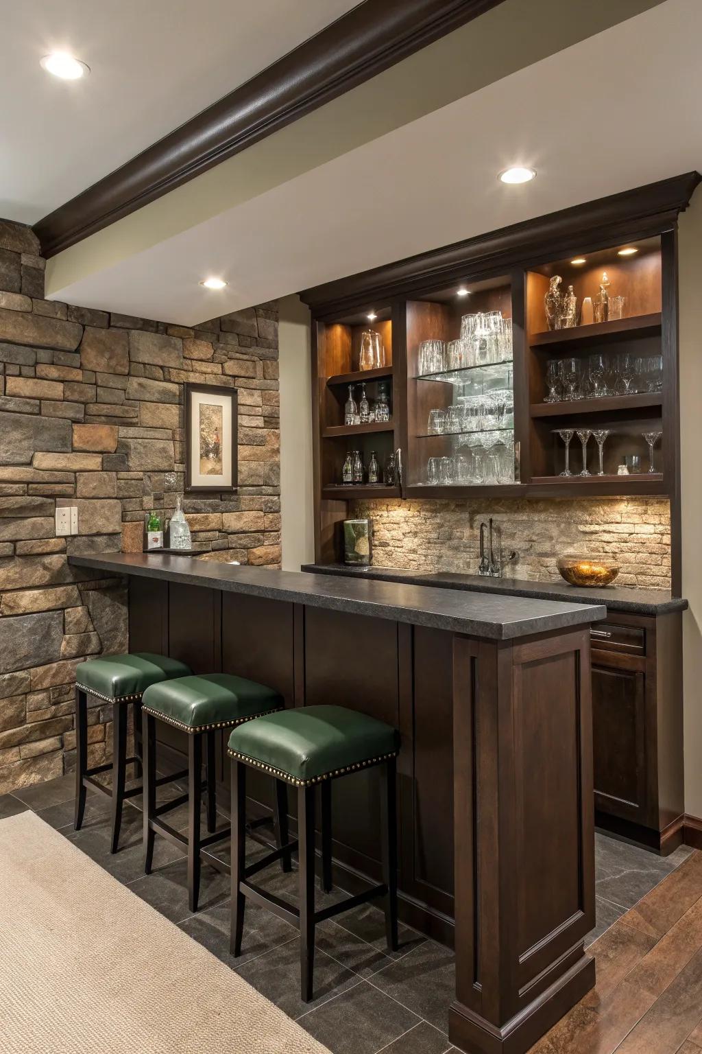 Celebrate timeless elegance with a stone feature wall, perfect for a sophisticated bar setting.