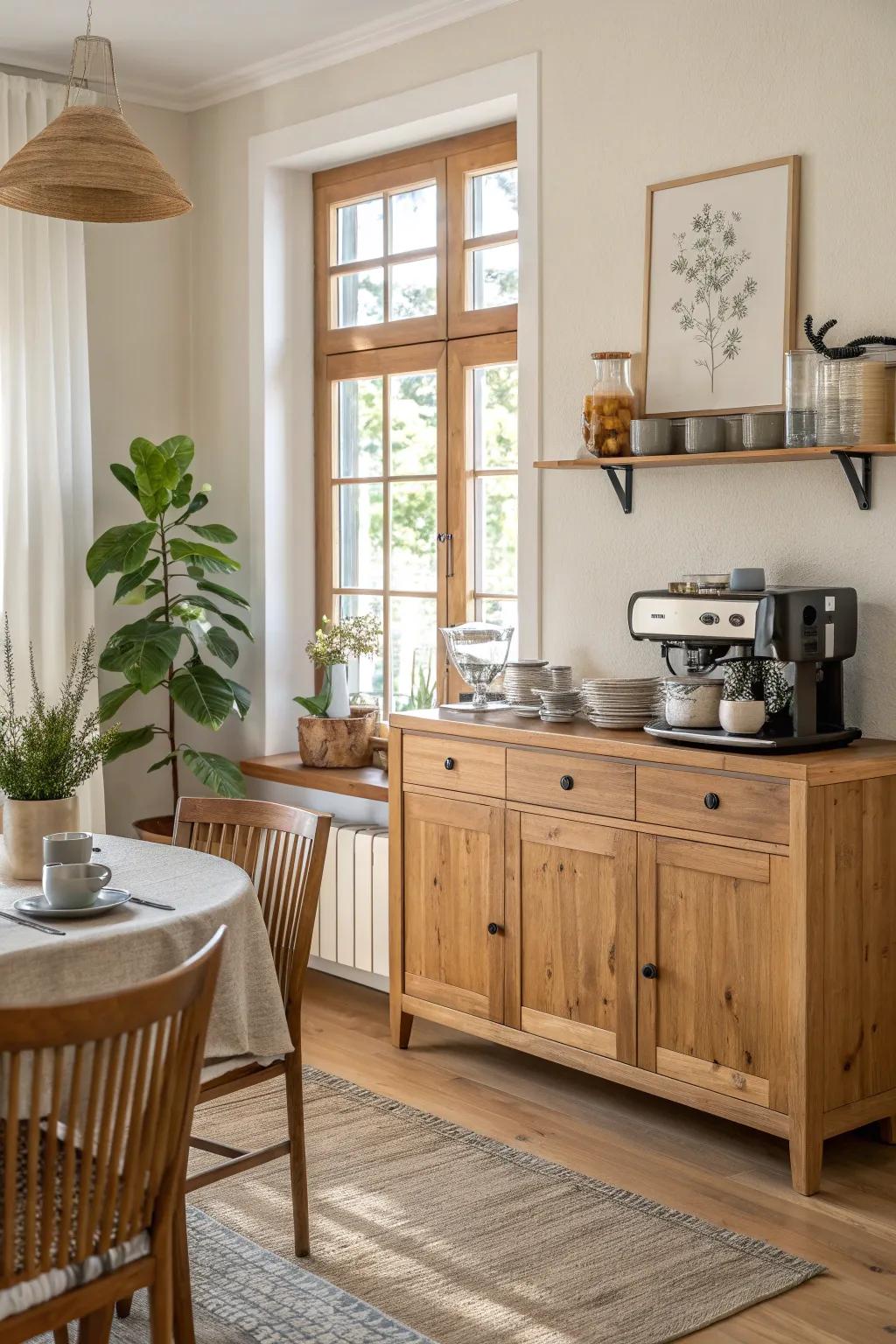 A stylish sideboard can serve as both a storage solution and a coffee station.