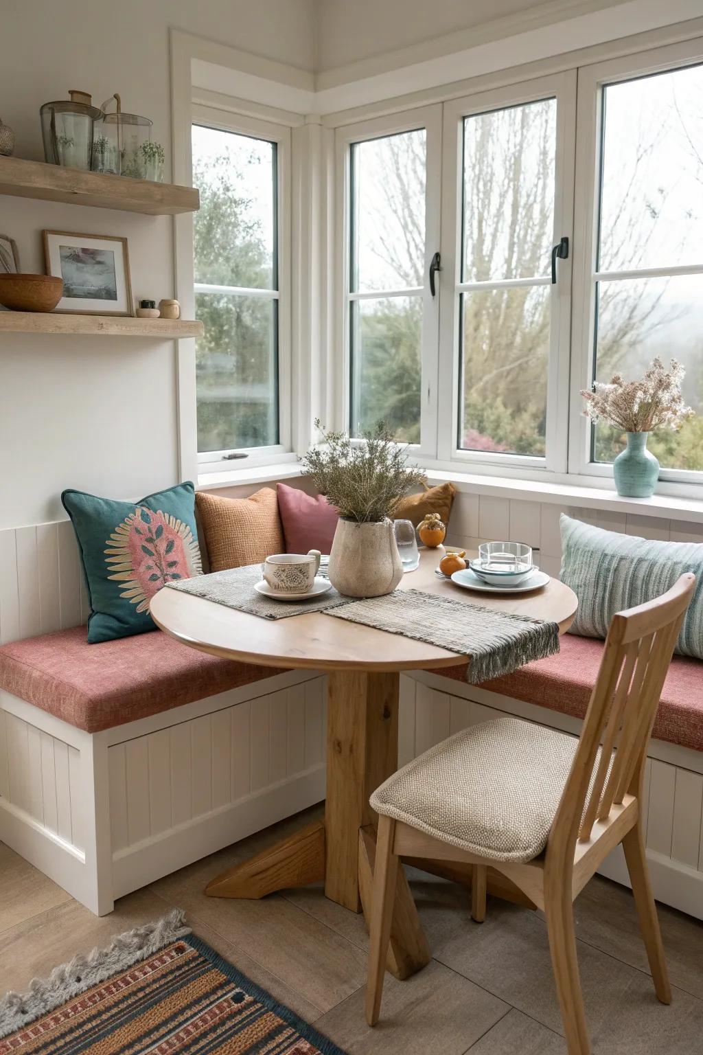 Infuse comfort and color into your kitchen nook with plush cushions.