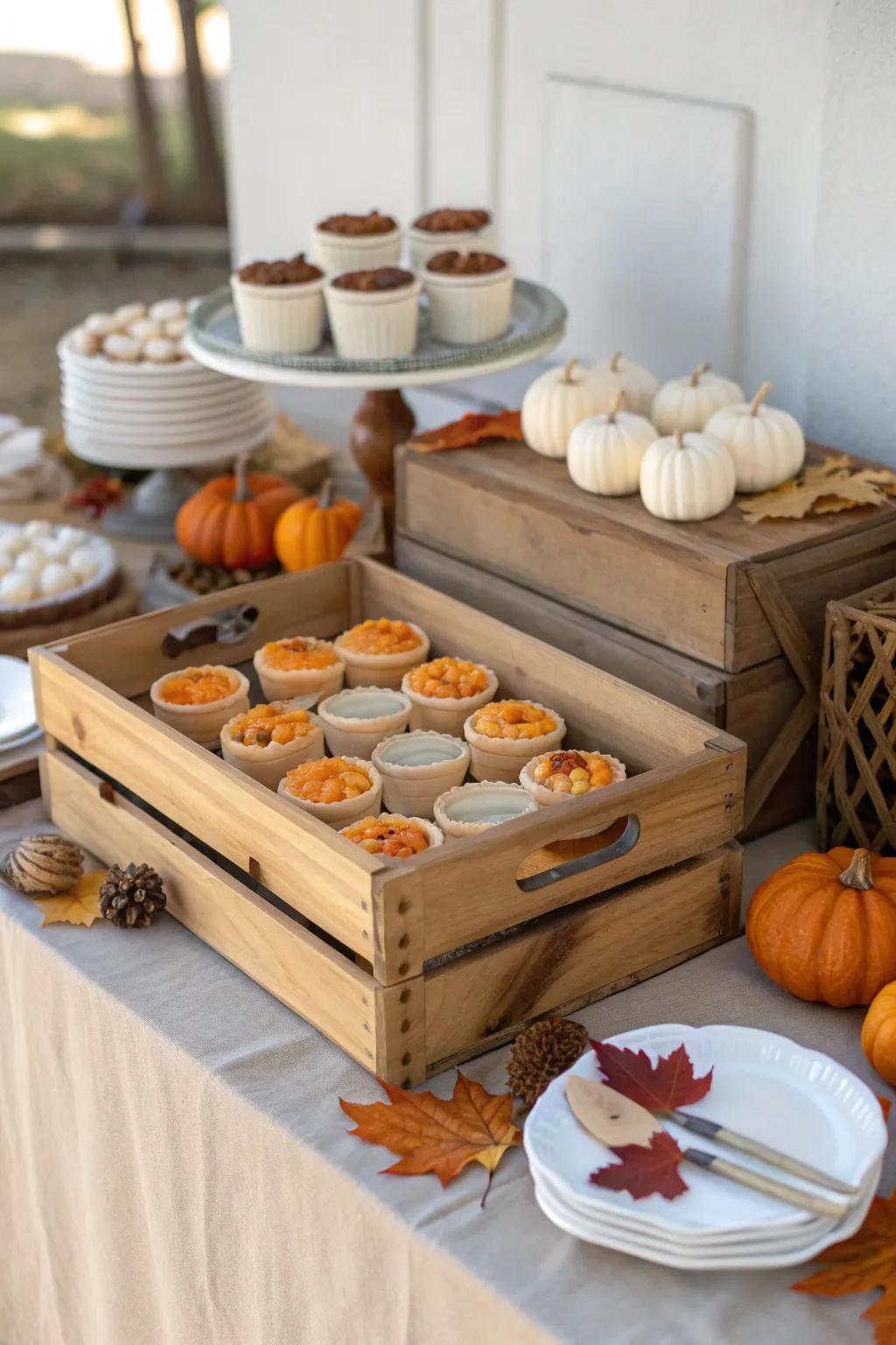 Rustic charm meets sweet indulgence with wooden accents that set the autumn mood just right.