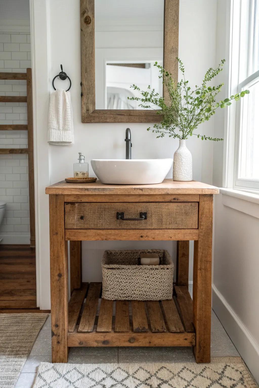 Reclaimed wood vanities offer a blend of sustainability and rustic charm. #EcoFriendly #FarmhouseStyle