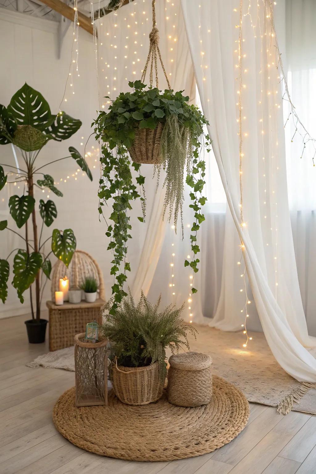 Create a magical canopy effect indoors with hanging plants and twinkling lights.