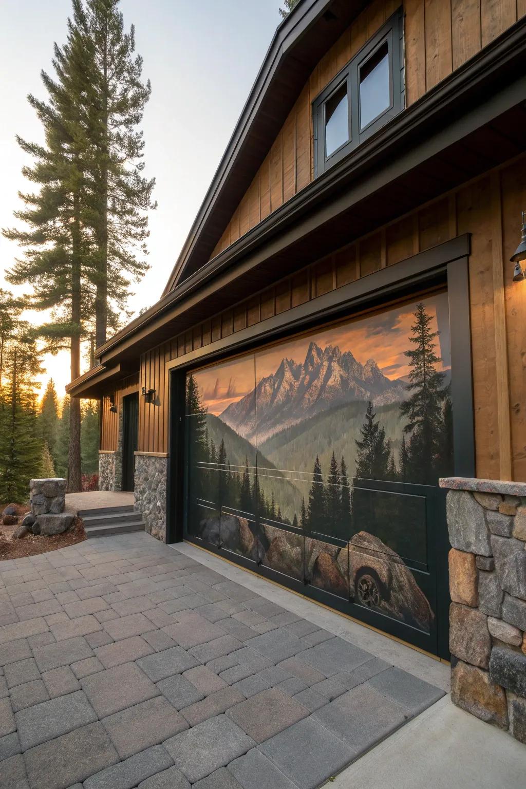 Capture the serene beauty of mountain vistas with a garage door mural that brings the outdoors in.