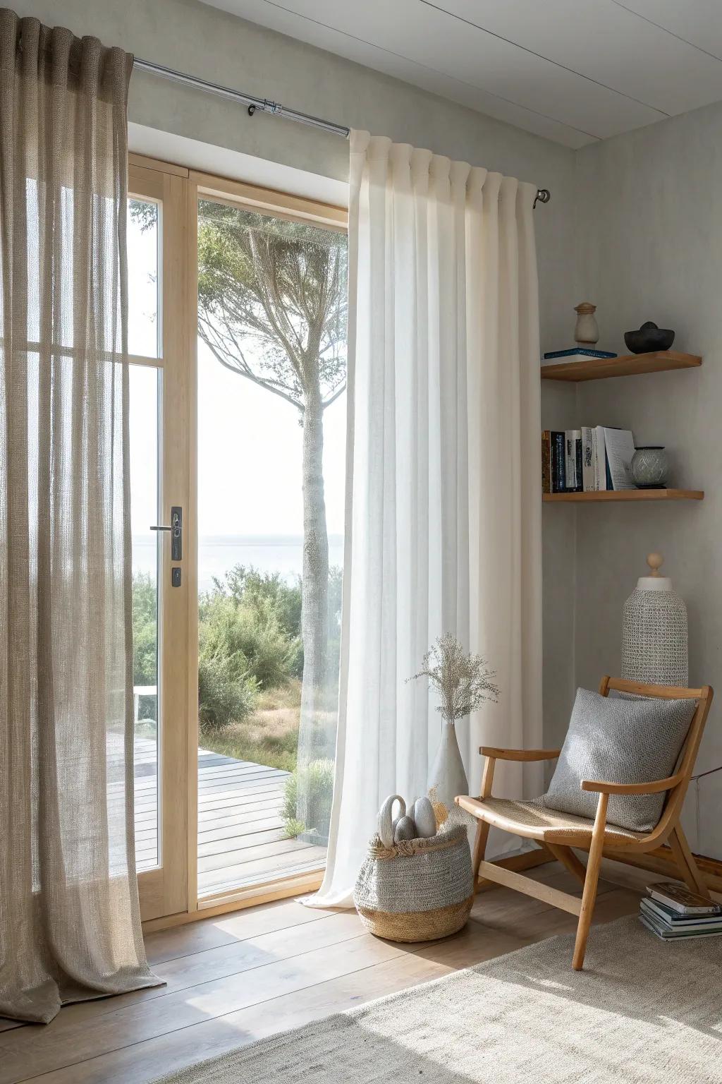 Layered curtains offer the perfect balance of light and privacy.