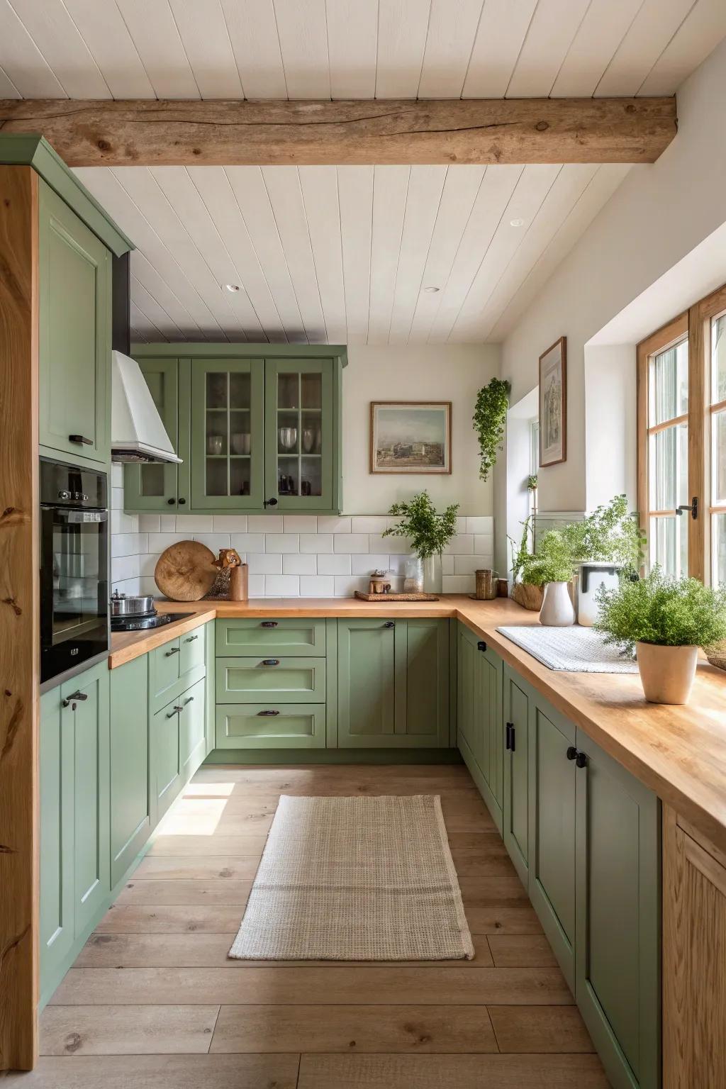 Add warmth to your kitchen with beautiful wood accents that complement green tones.