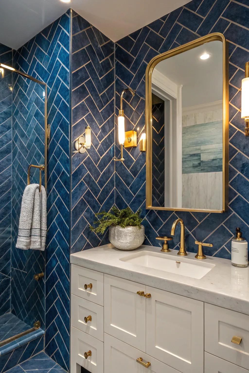 Create a stunning focal point with bold blue tiles and elegant gold accents. 💙✨ #BathroomGoals #TileInspiration #HomeDecor