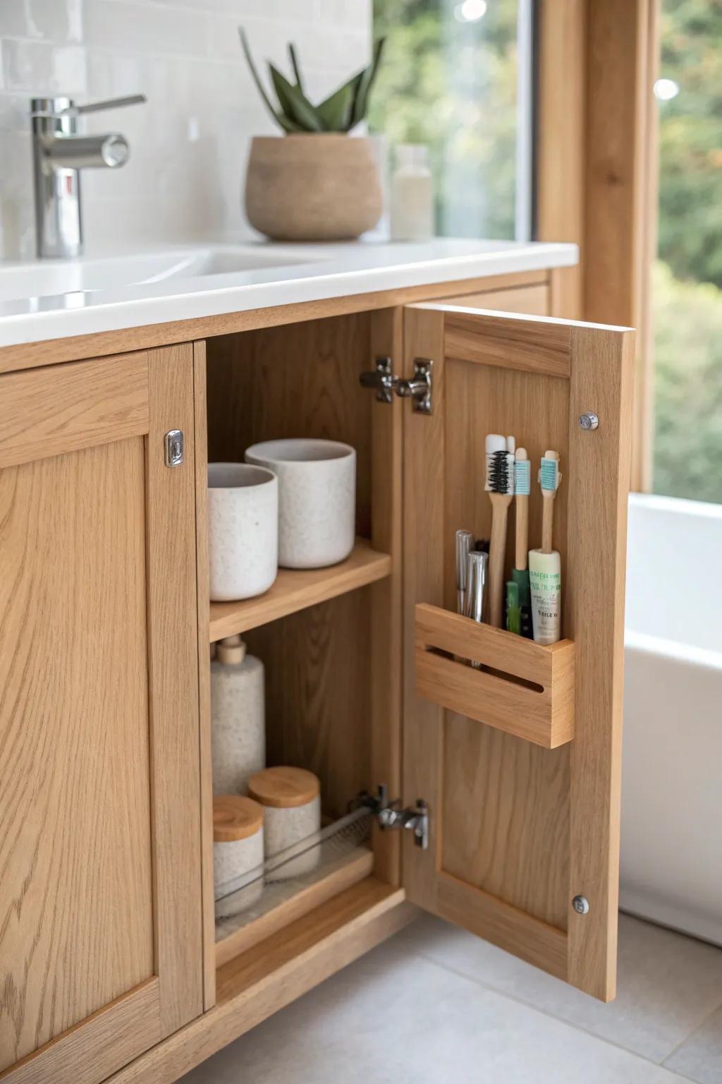Cabinet door storage keeps essentials hidden yet accessible for a clutter-free countertop.