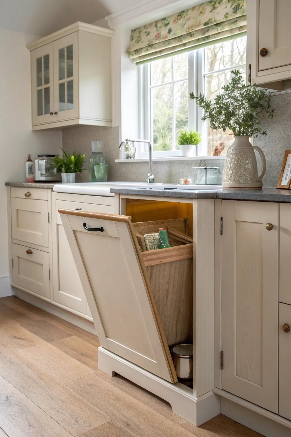 Tilt-out cabinets add charm and functionality to any kitchen space.