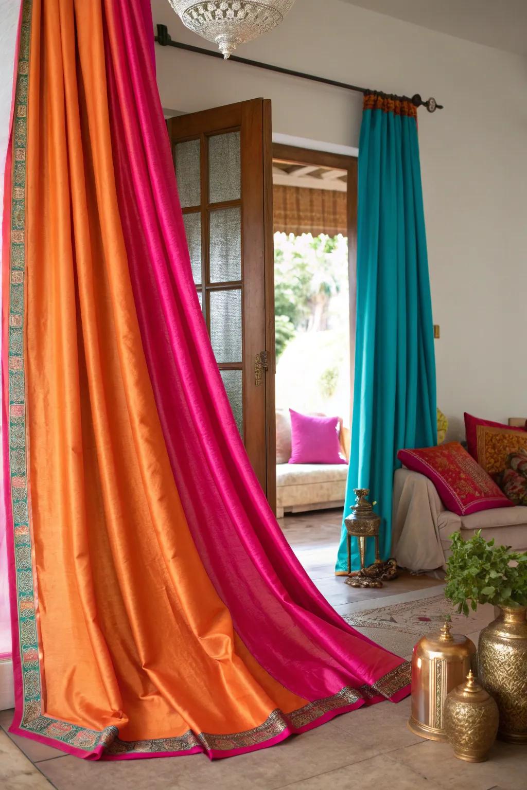 Add elegance to your windows with colorful sari curtains that dance with light.
