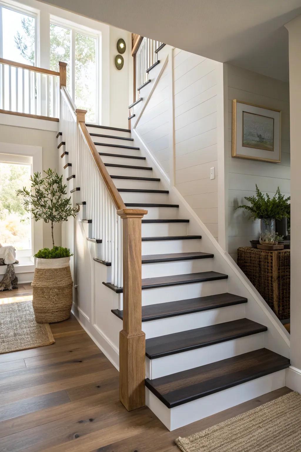 Contrast brings depth and style to your stairs, making every step a statement. #StairDesign #HomeInspiration