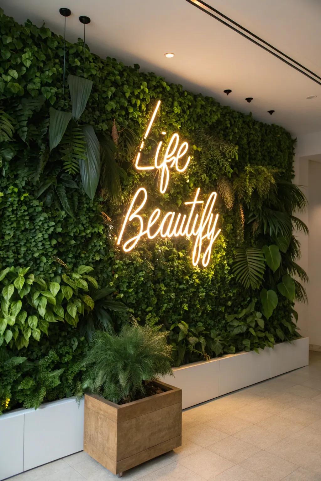 Lush greenery meets glowing neon for a refreshing and vibrant backdrop.