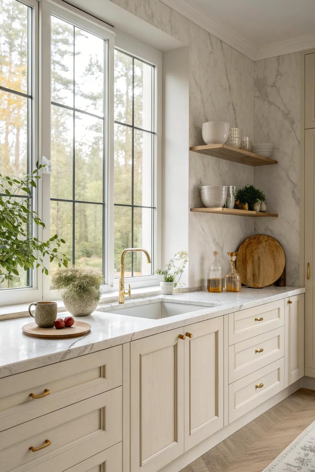 Marble countertops enhance the elegance of off white cabinets, offering a sophisticated touch.