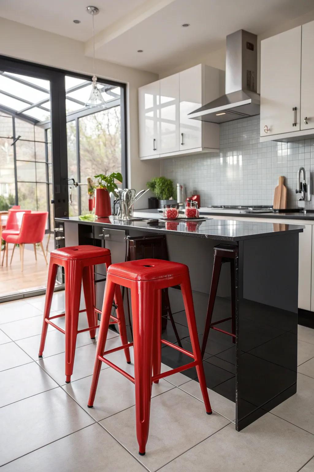 Add a touch of flair to a monochrome kitchen with red accents that draw the eye and add warmth.