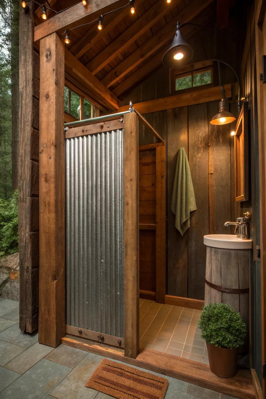The perfect blend of rugged metal and warm wood creates a harmonious rustic vibe in your shower space.