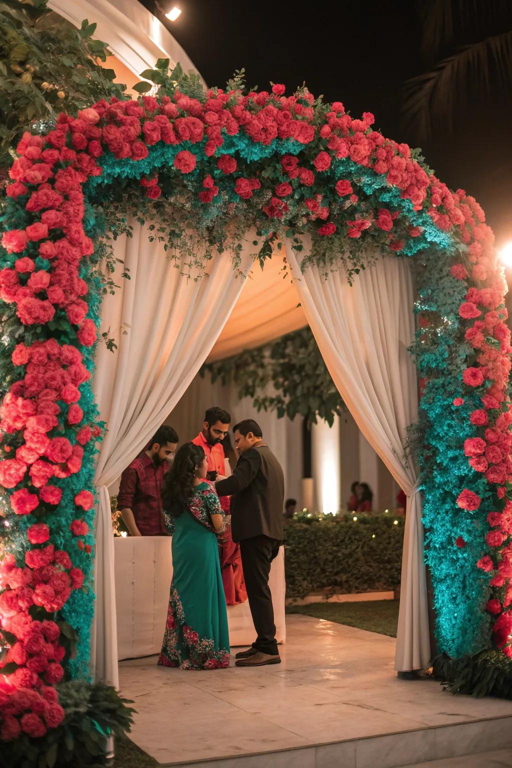 Step through a stunning floral arch that sets the tone for a night of celebration.