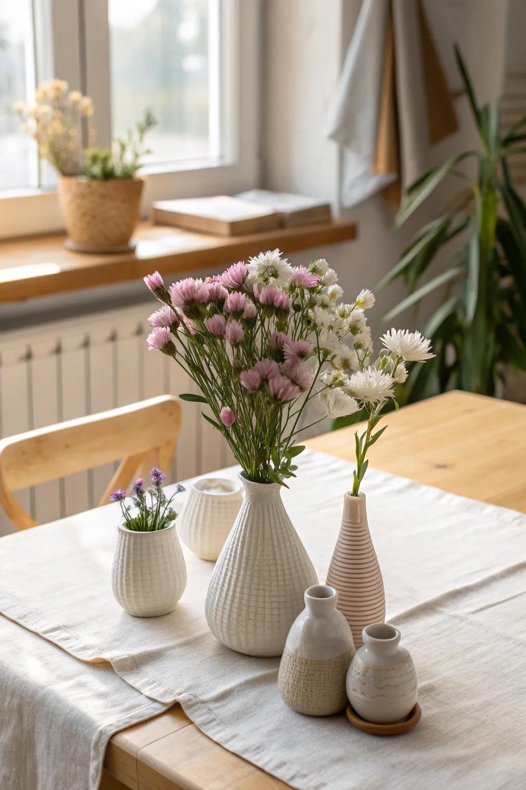 Bud vase clusters bring a playful elegance to any gathering, perfect for a stylish brunch setting.